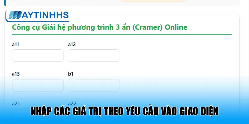 Nhập các giá trị theo yêu cầu vào giao diện